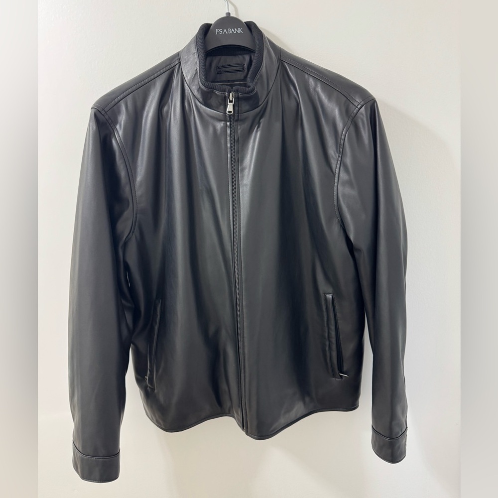 Jos.A.Bank Men’s Black Faux Leather Bomber Jacket, XL, Buttery Soft, NWT